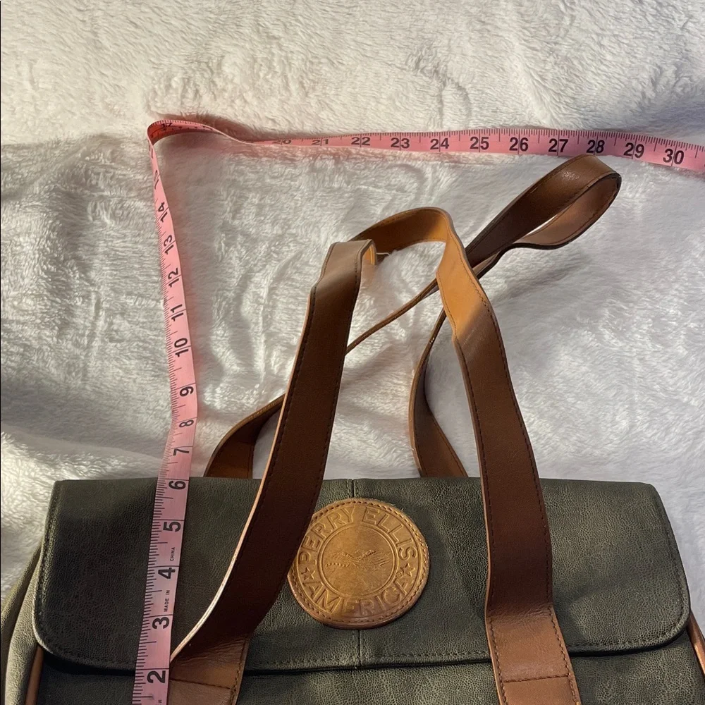 VTG Perry Ellis Olive Green and Tan Leather Shoulder Bag